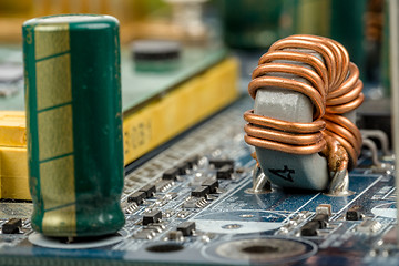 Image showing computer motherboard, detail of capacitor