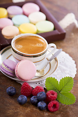 Image showing Coffee and French macaroons