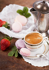 Image showing Coffee and French macaroons