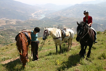 Image showing Horses and riders resting