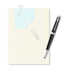 Image showing exercise book in a cage, pen, paper clip, leaf