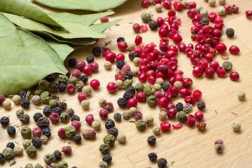 Image showing Dry bay laurel leaf with multicolored peppercorn