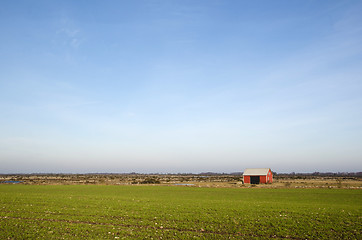 Image showing Small red barn at a great plain area