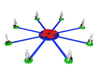 Image showing Eight businessmen connected to four cogs