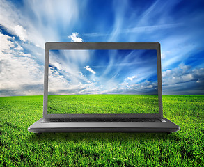 Image showing Green field and laptop