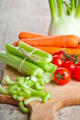 Image showing fresh organic fennel, celery, carrot and tomatoes