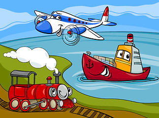 Image showing plane ship train cartoon illustration