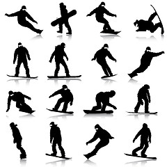 Image showing Black silhouettes set snowboarders on white background. Vector i