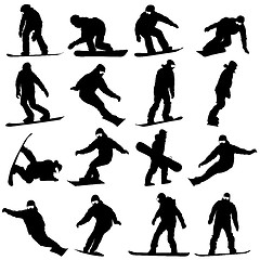 Image showing Black silhouettes set snowboarders on white background. Vector i