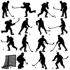 Image showing Set of silhouettes of hockey player. Isolated on white. illustra