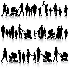 Image showing Black set of silhouettes of parents and children on white backgr