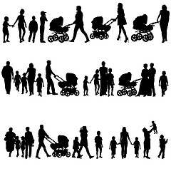 Image showing Black set of silhouettes of parents and children on white backgr