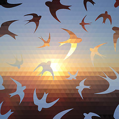 Image showing swallow silhouette on triangle sky and sun