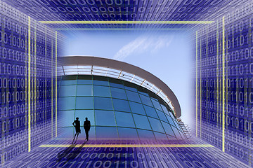 Image showing Business concept scene with office building and people silhouettes