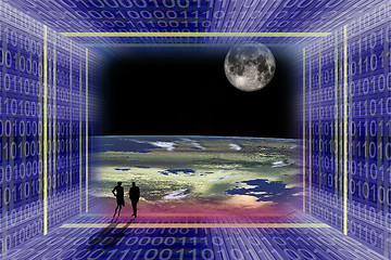 Image showing Digital space travel- from the binary code tunnel to the open space