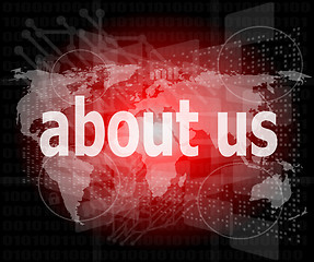 Image showing pixelated words about us on digital screen, business concept