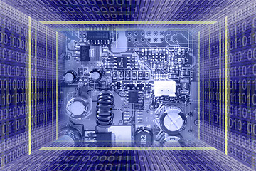 Image showing Information technology background. Binary code tunnel and video card microchips