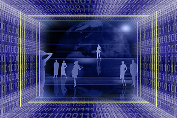 Image showing Abstract information technologies background with binary code tunnel and people silhouettes