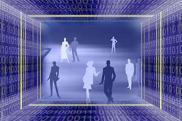 Image showing Abstract information technologies background with binary code tunnel and people silhouettes