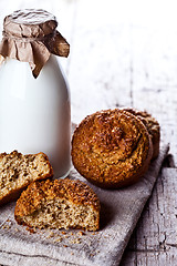 Image showing bottle of fresh milk and fresh baked bread 