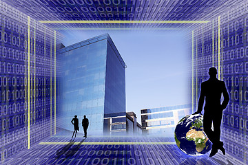 Image showing Global business concept. Office buildings in the center