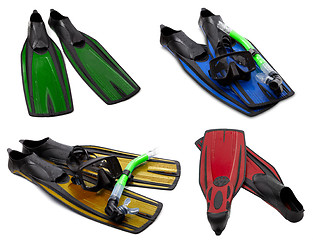 Image showing Set of multicolored flippers, masks, snorkel for diving with wat