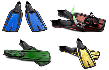 Image showing Set of multicolored swim fins, mask and snorkel for diving