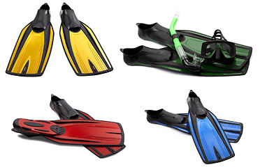 Image showing Set of multicolored swim fins, masks and snorkel for diving