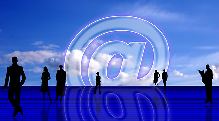 Image showing Plain E-mail symbolic background with people silhouettes, against blue sky