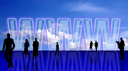 Image showing Plain WEB symbolic background with people silhouettes, against blue sky