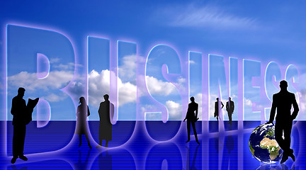 Image showing Business symbolic background with people silhouettes and the Earth planet