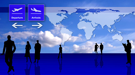 Image showing Stylized airport office interior with people silhouettes and world map