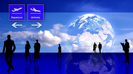 Image showing Stylized airport office interior with people silhouettes and Earth planet