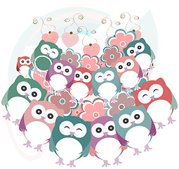 Image showing owls, birds, flowers, cloud and love heart