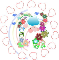 Image showing Background with owls family in flowers and love hearts