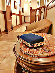 Image showing Blue handbag lying on a table