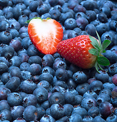 Image showing Freshly picked blueberries with strawberry