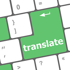 Image showing Multilingual translation on-line concept. Close up of multi language keyboard and translate word key
