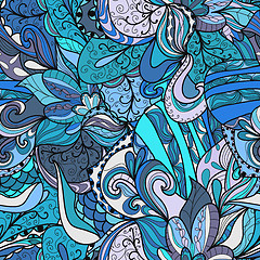 Image showing Seamless blue abstract hand-drawn waves pattern