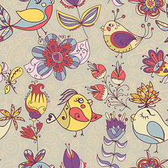 Image showing Seamless texture with flowers and birds