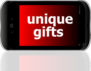 Image showing digital smartphone with unique gifts words, holiday concept