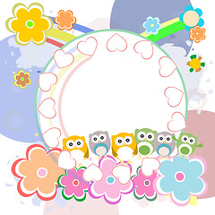 Image showing birthday party elements with cute owls and birds, love hearts