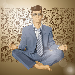 Image showing Vector Hipster Businessman in Lotus Pose Meditating