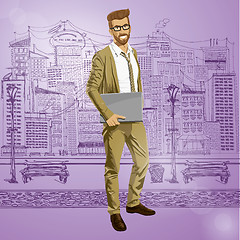 Image showing Vector Hipstar Man With Laptop in His Hands