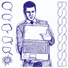 Image showing Sketch Businessman With Open Laptop In His Hands