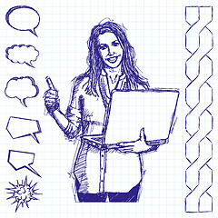 Image showing Sketch Female With Laptop Shows Well Done