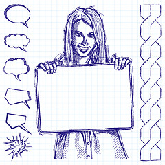 Image showing Sketch Happy Business Woman Holding White Card