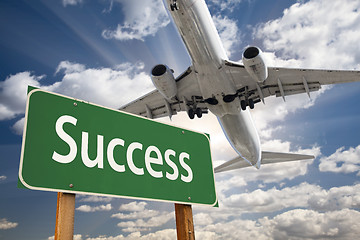 Image showing Success Green Road Sign and Airplane Above