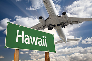 Image showing Hawaii Green Road Sign and Airplane Above