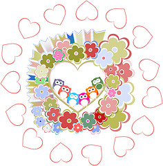 Image showing Background with owls family in flowers and love hearts